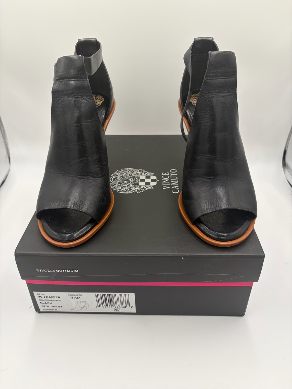 Vince Camuto Fasper Black Leather Ankle-Strap Peep-Toe Heel 8.5 Bootie Sandal - Picture 4 of 9